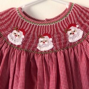 Red gingham smocked dress with Santa